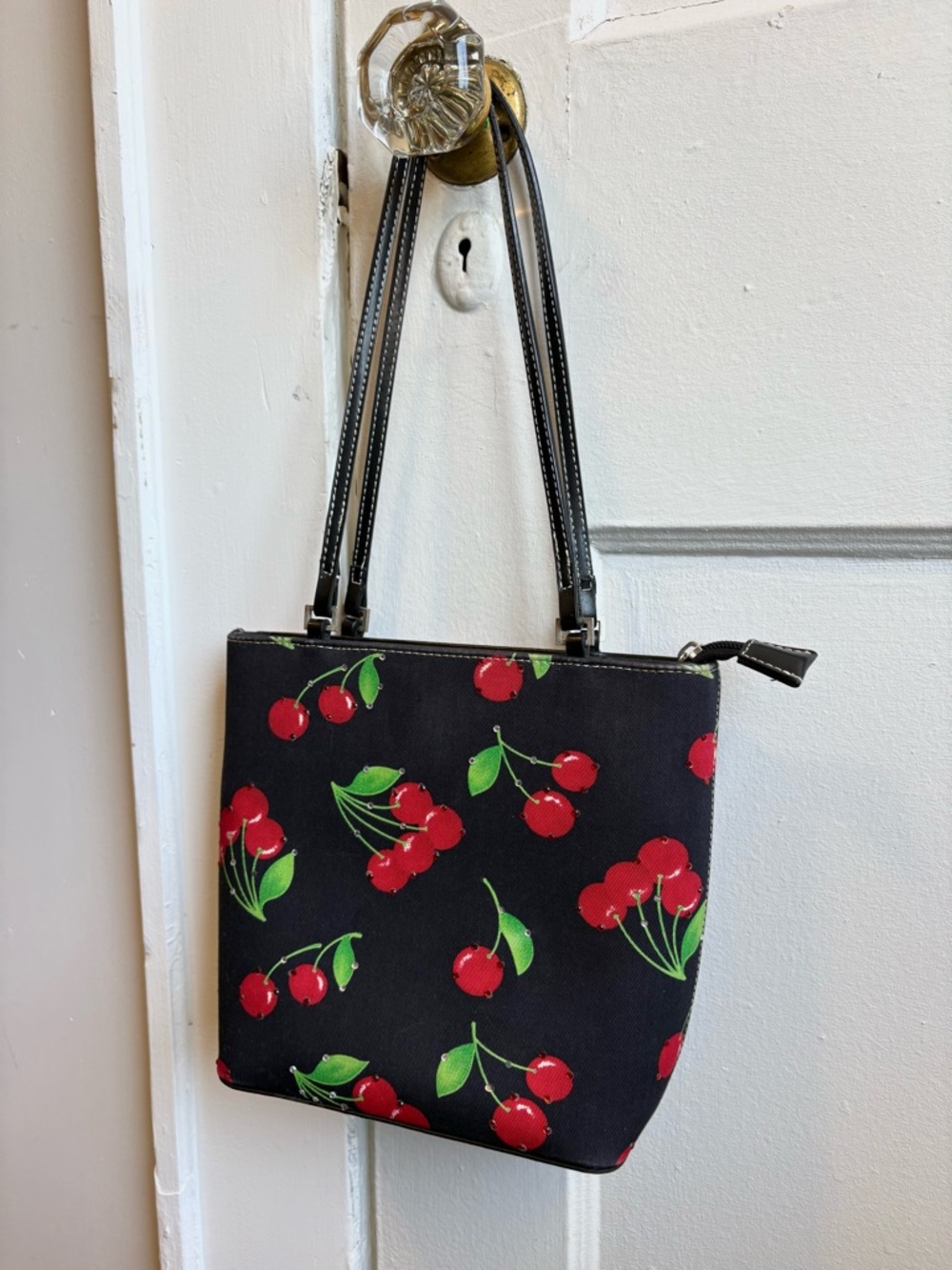 Cherry Print Black Tote Bag - Unbranded